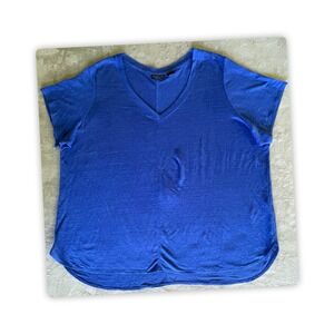 Tahari 100% Linen Blue V Neck Tunic Top Women's Plus Size 2X Casual